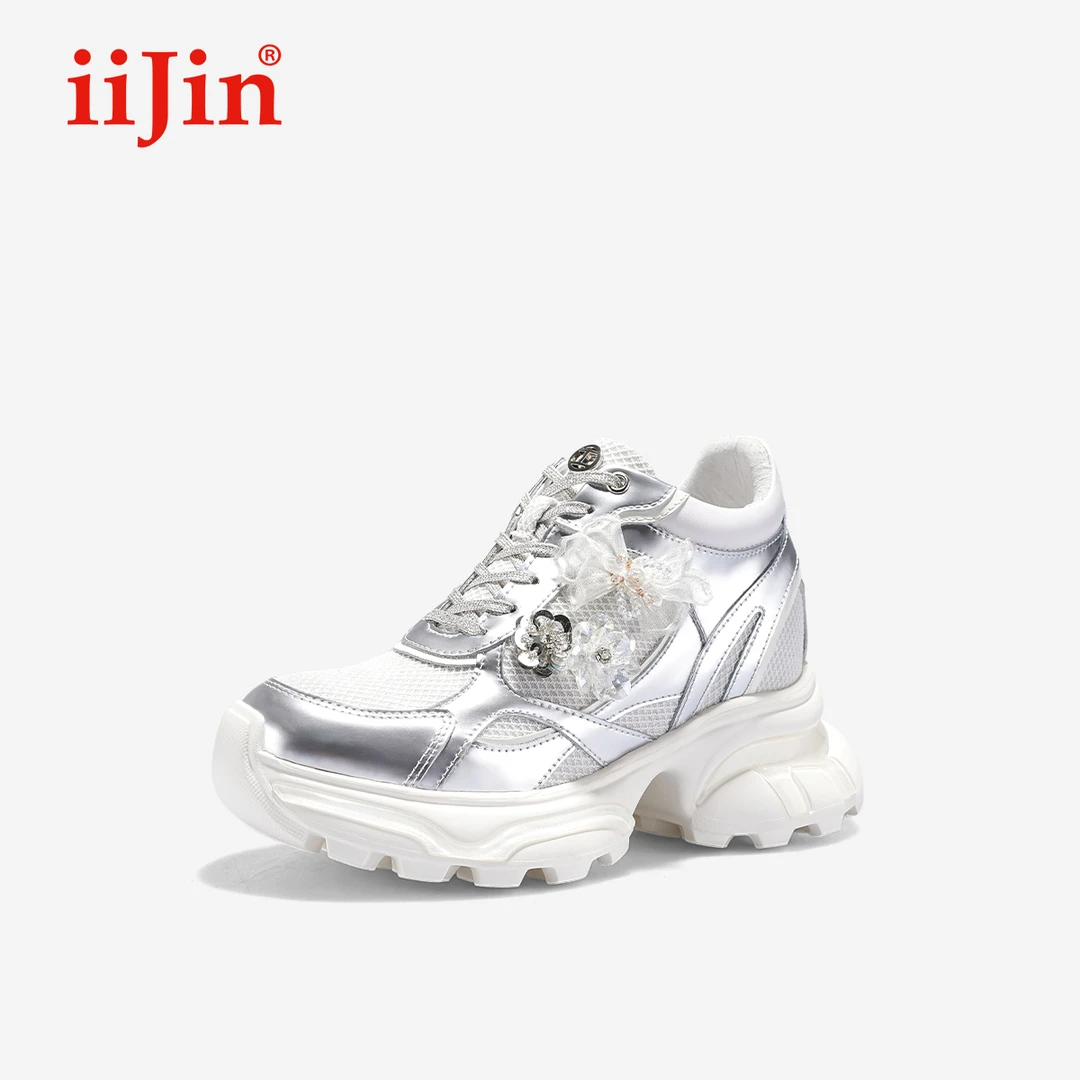【明星同款】iiJin艾今10cm厚底内增高珠花网面老爹鞋女976JTF
