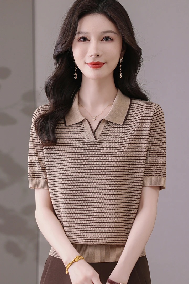 【天丝】夏季新款翻领女士短袖洋气宽松显瘦针织条纹百搭时尚薄款