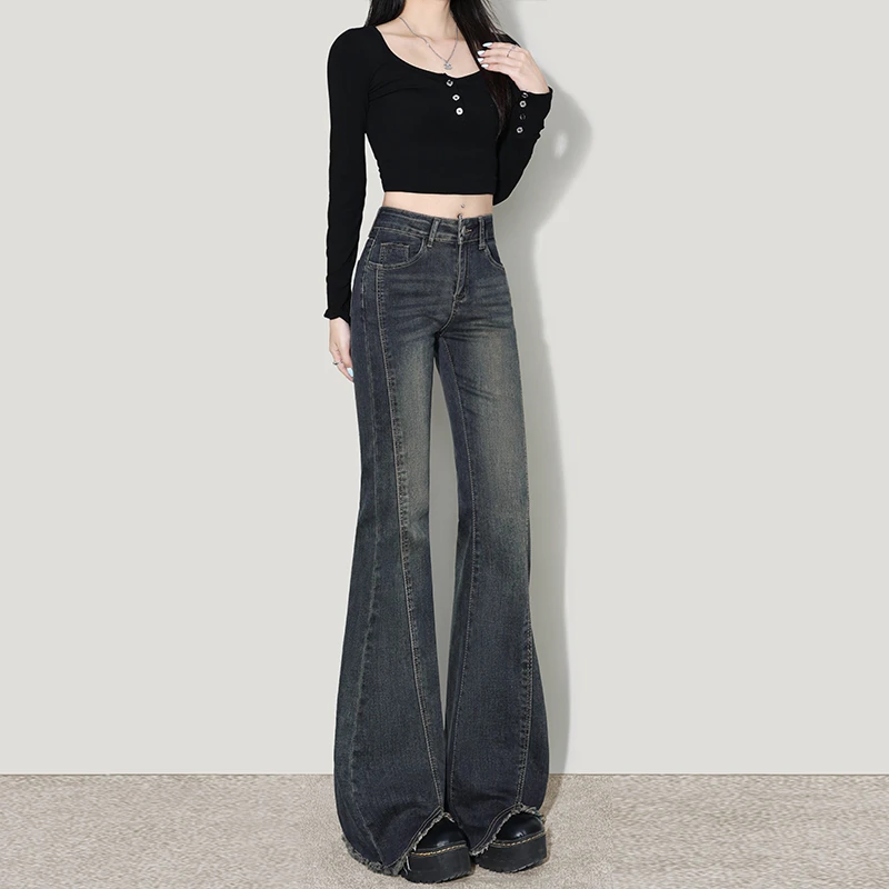 毛边设计不贴腿微喇牛仔裤女爆款2025新款高腰显瘦宽松马蹄喇叭裤