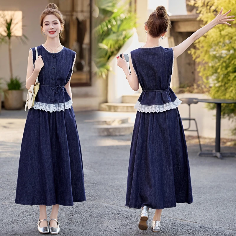 韩系时尚蕾丝拼接牛仔套装女2025夏季新款设计感小众半身裙两件套