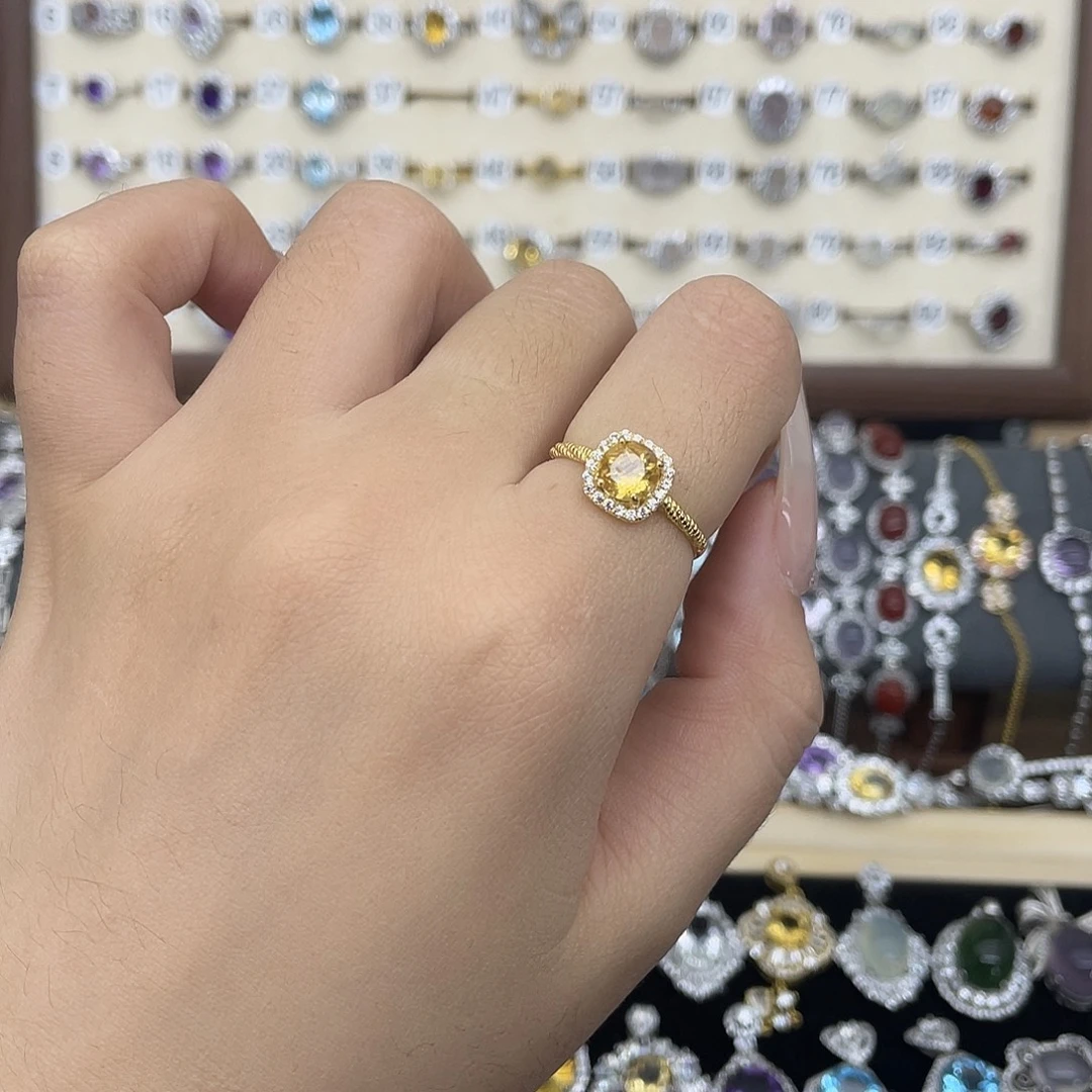 黄晶银S925镀金镶嵌戒指