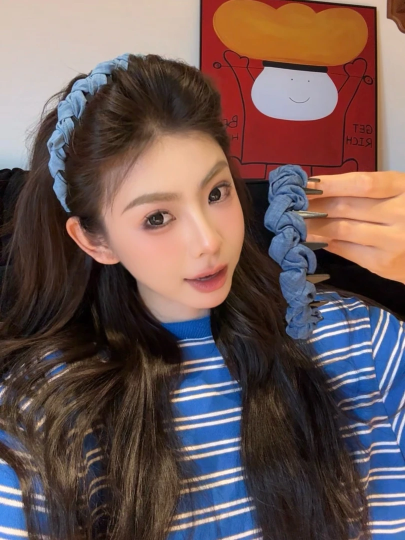 牛仔齿梳！新款麻花牛仔蓝甜酷氛围感发箍云朵泡泡高颅顶发箍