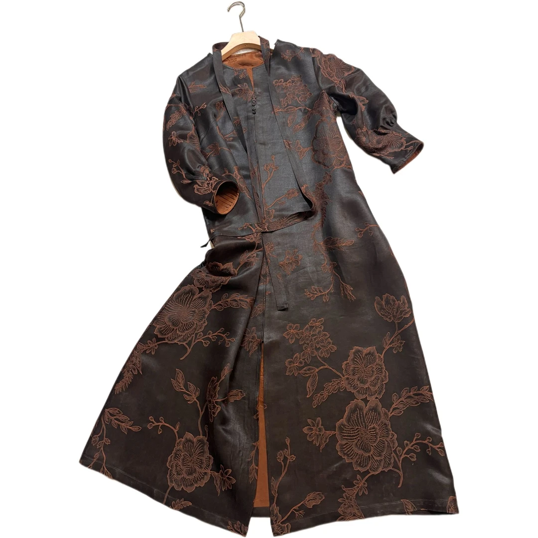 【暗纹雅枝】50姆米重磅V领系带秋冬时尚气质宽松显瘦长袍