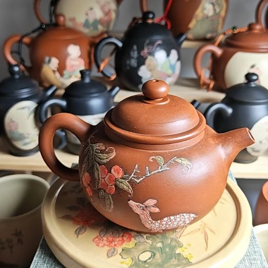 建水紫陶泥绘茶壶复烧微瑕220cc