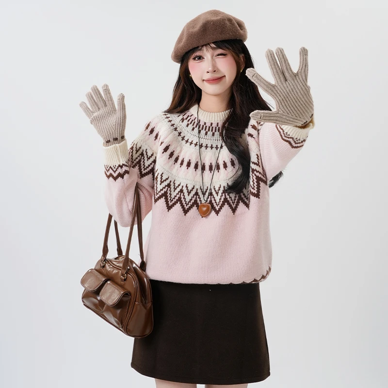 复古波西米亚风花纹撞色针织衫女2024秋冬新款小个子软糯上衣