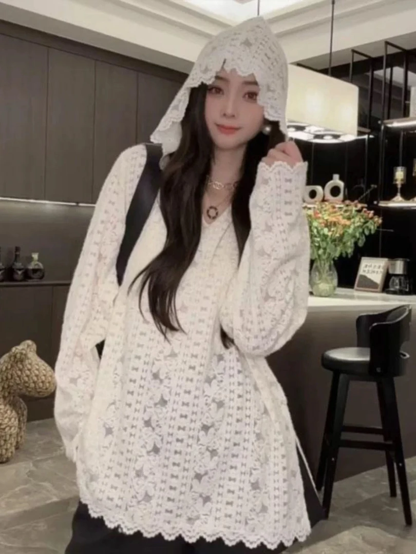 韩系长袖钩花连帽蕾丝打底衫女秋冬2025新款可外穿内搭高级感上衣