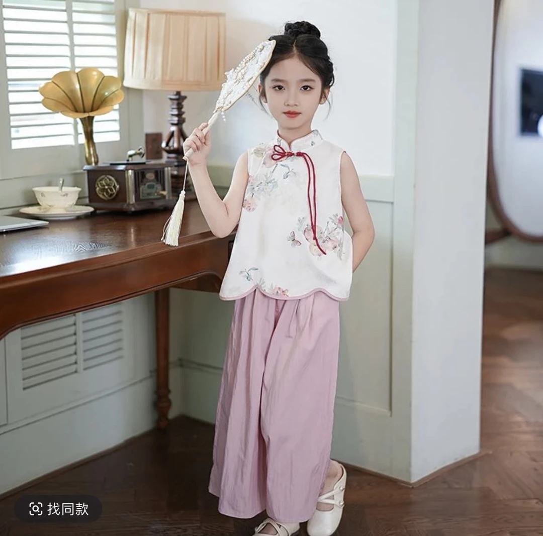 女童国风粉色两件套中国风夏季洋气童装大童