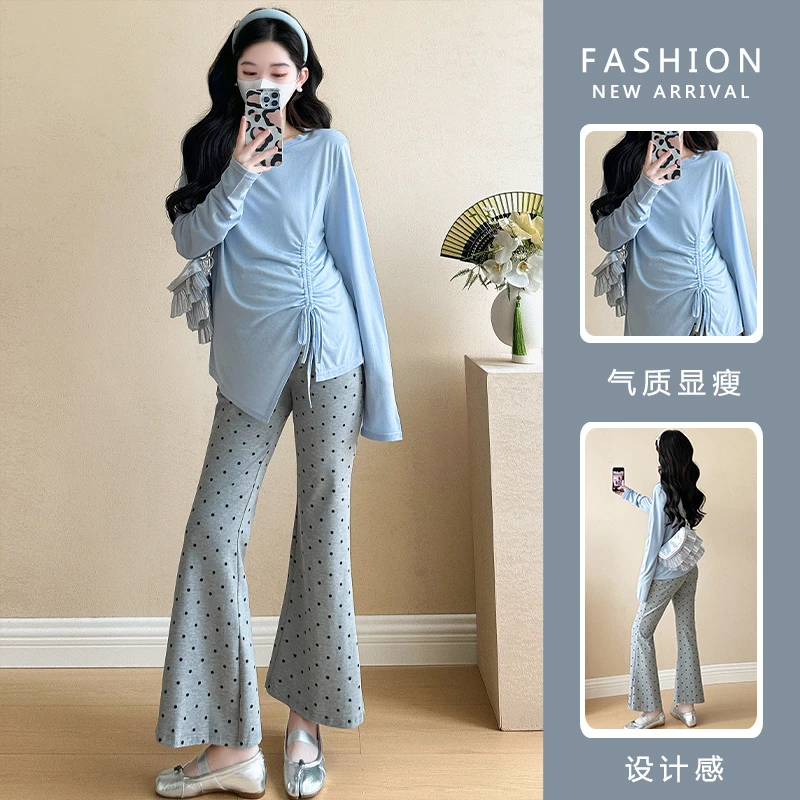 时髦孕妇装春季新款弹力显瘦打底衫春秋显瘦长袖时尚休闲开叉上衣