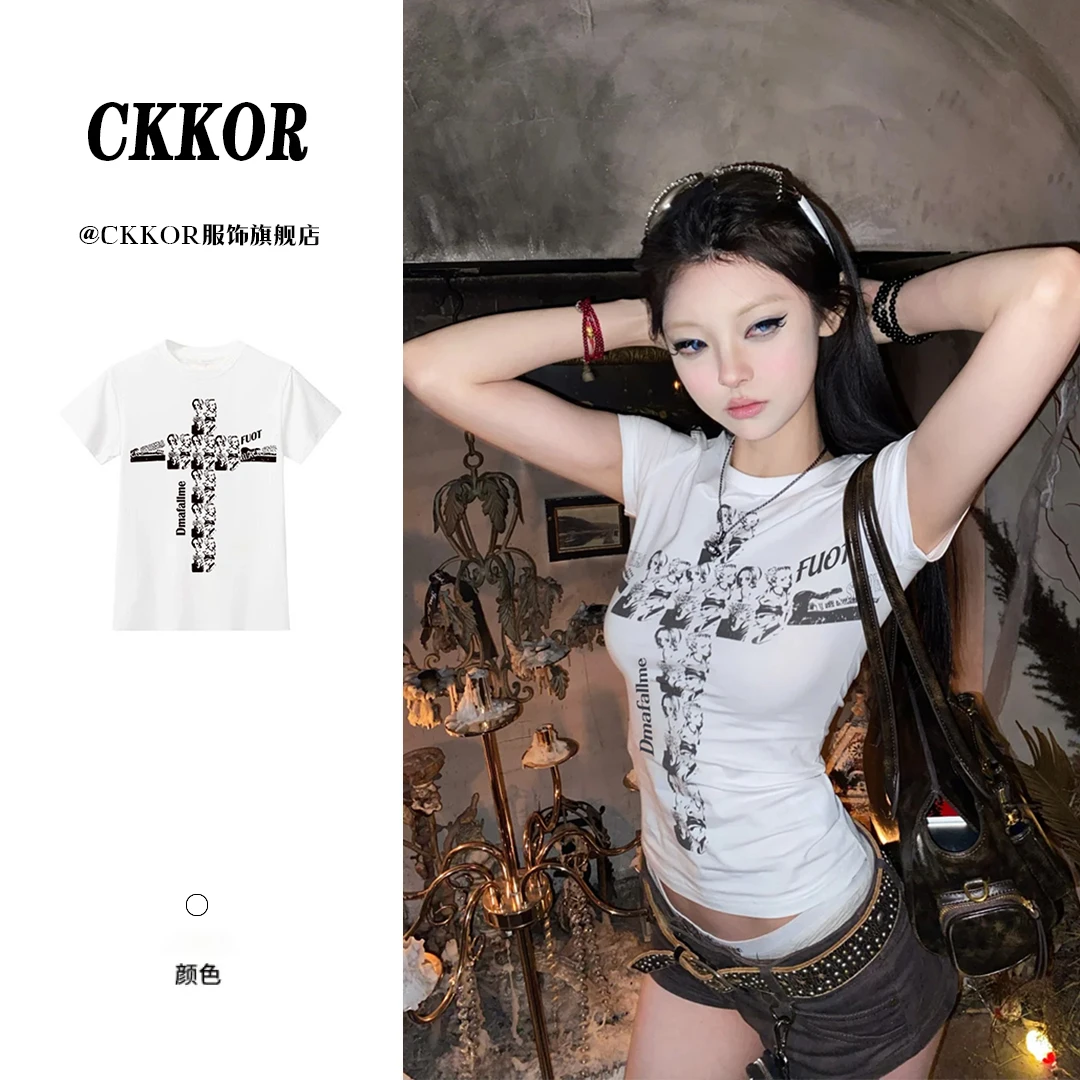 CKKOR辣妹修身性感穿搭短袖t恤女夏季新款时尚ins欧美风短款上衣