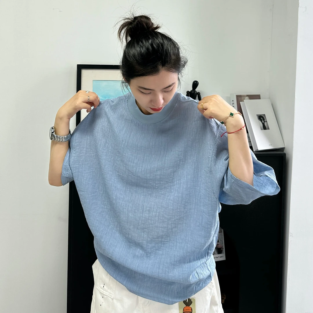 含天丝纯色轻薄夏季圆领T恤百搭蝙蝠袖上衣男女同款慵懒风网红T