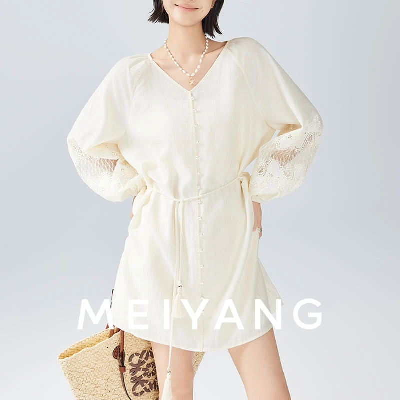 A美洋MEIYANG【商场同款】 洱海连衣裙绣花V领灯笼袖含吊带-周五
