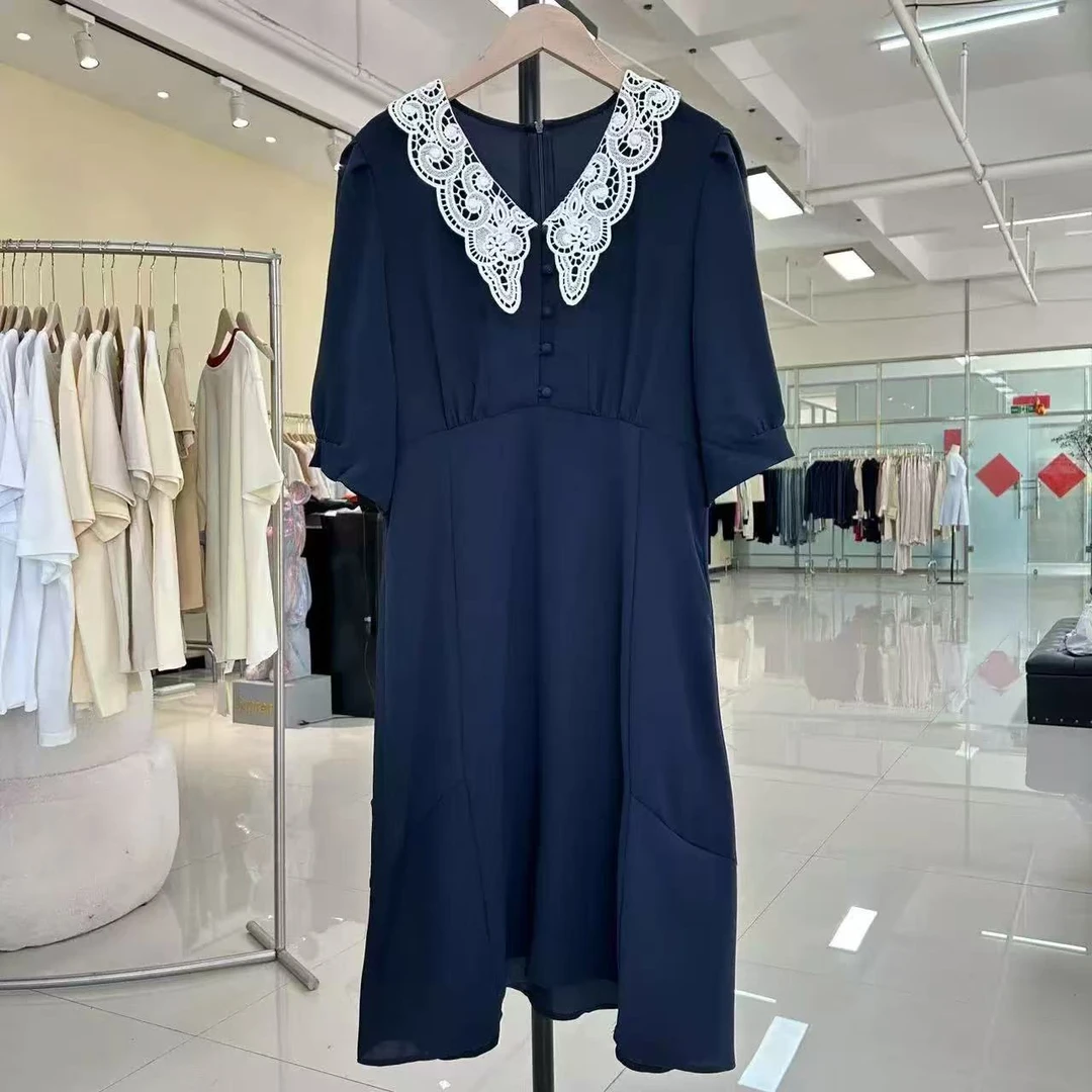 收腰女款气质裙子早春法式娃娃领连衣裙长款连衣裙蓝色夏季