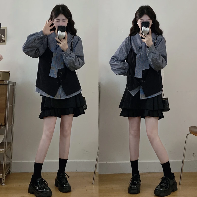 大码胖mm秋季新款韩版学院风格子衬衫+吊带+半身裙三件套装女