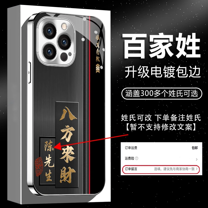 适用【苹果11/12/13/14/15/16ProMax】系列姓氏定制八方来财手机壳