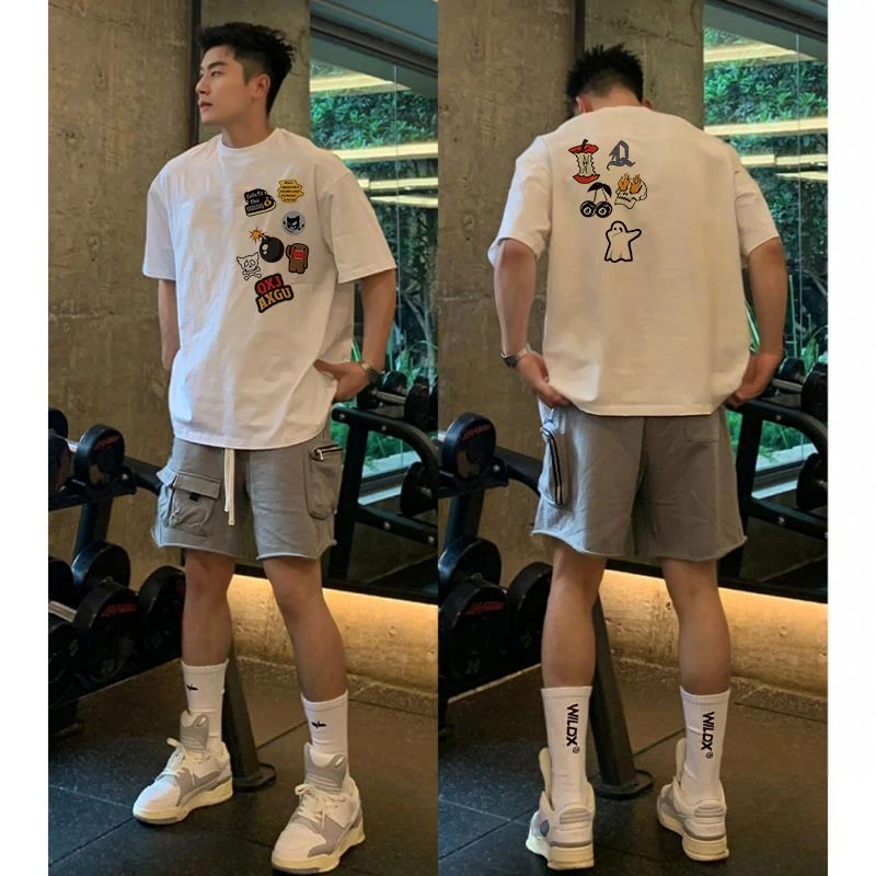 美式潮牌个性涂鸦印花短袖T恤男款夏季纯棉重磅圆领套头上衣半袖