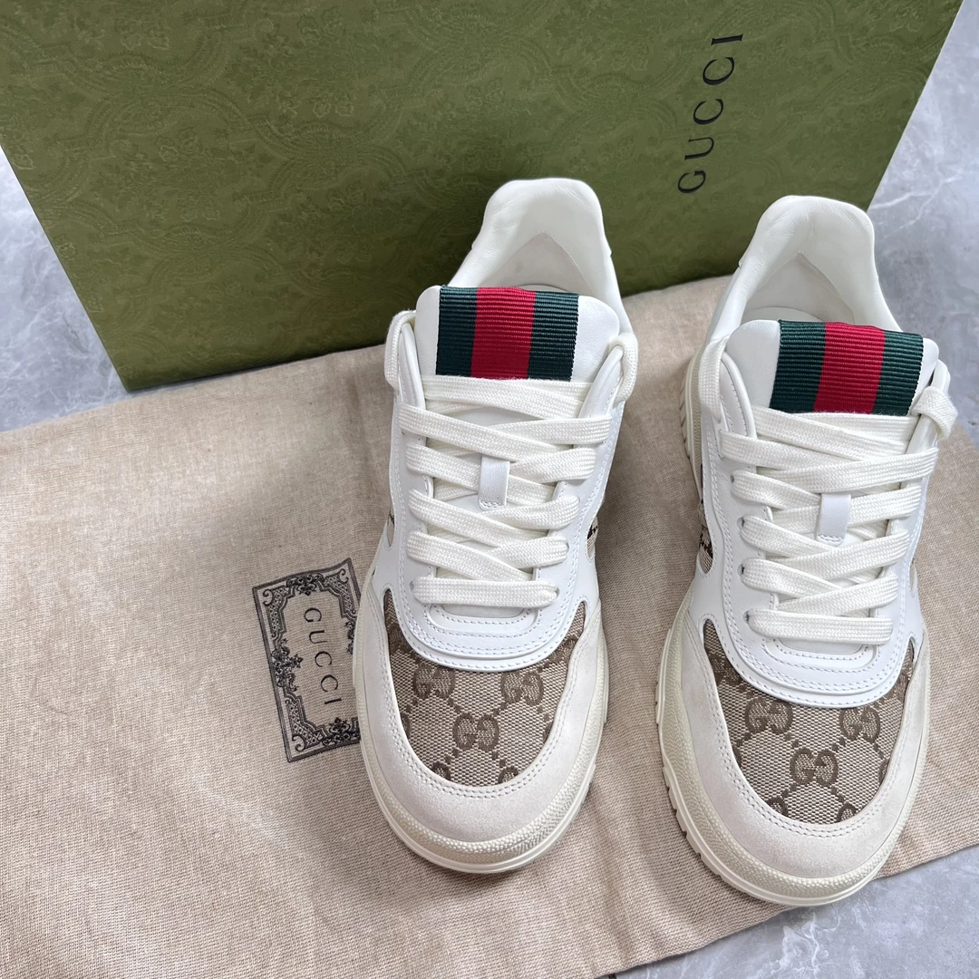 99新 GUCCI/古驰 36码！古驰re-web系列皮革压花板鞋白棕女鞋