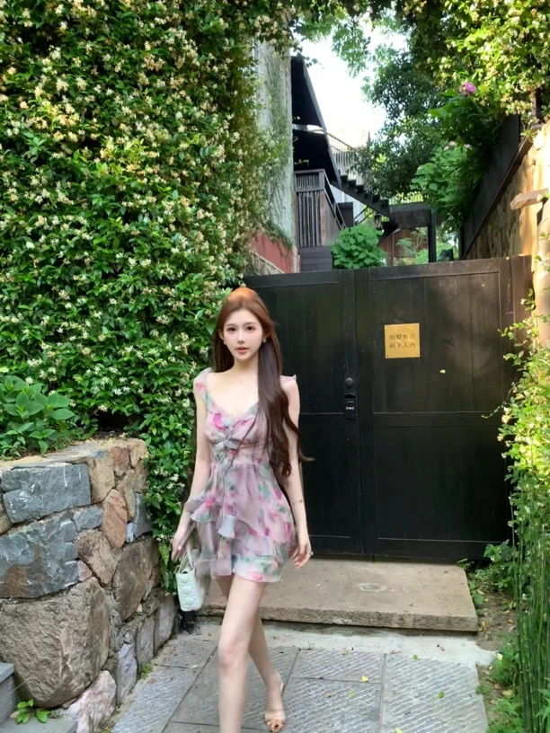 法式气质碎花雪纺吊带裙女夏设计感甜美层层荷叶边V领收腰连衣裙