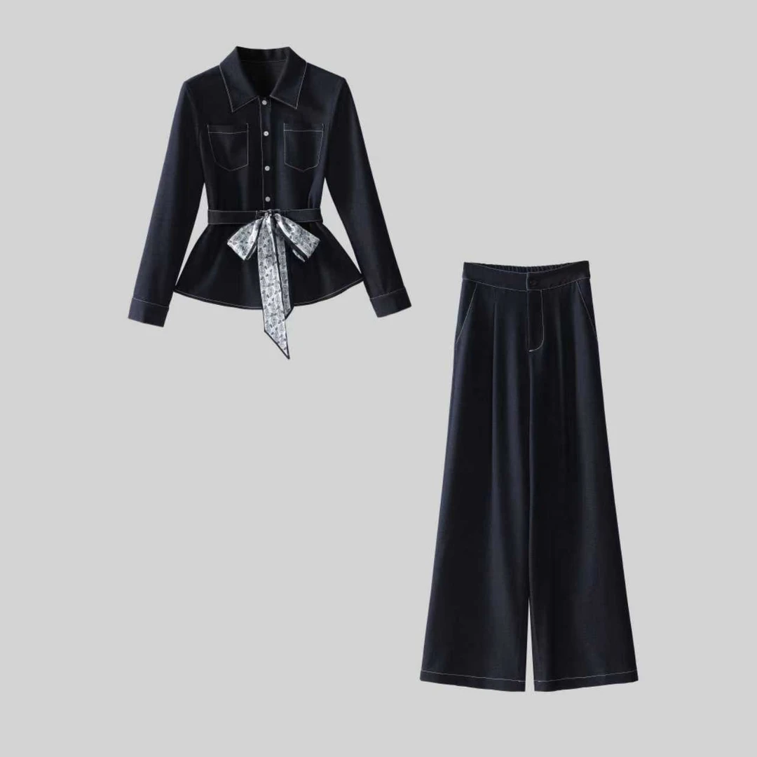 【纪朵研】871#秋季新款韩版时尚丝巾腰带衬衫阔腿长裤休闲两件套女