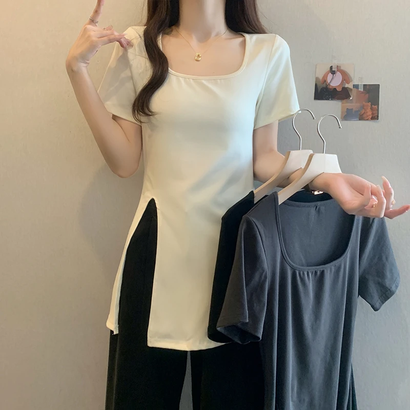 2025大码夏新款韩系休闲百搭纯色开叉设计感方口领短袖T恤潮流女