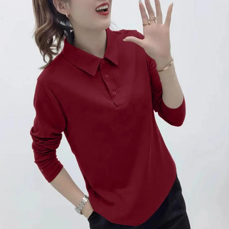 大尺码翻领长袖t恤女纯棉休闲百搭秋装新款宽松洋派polo衫打底