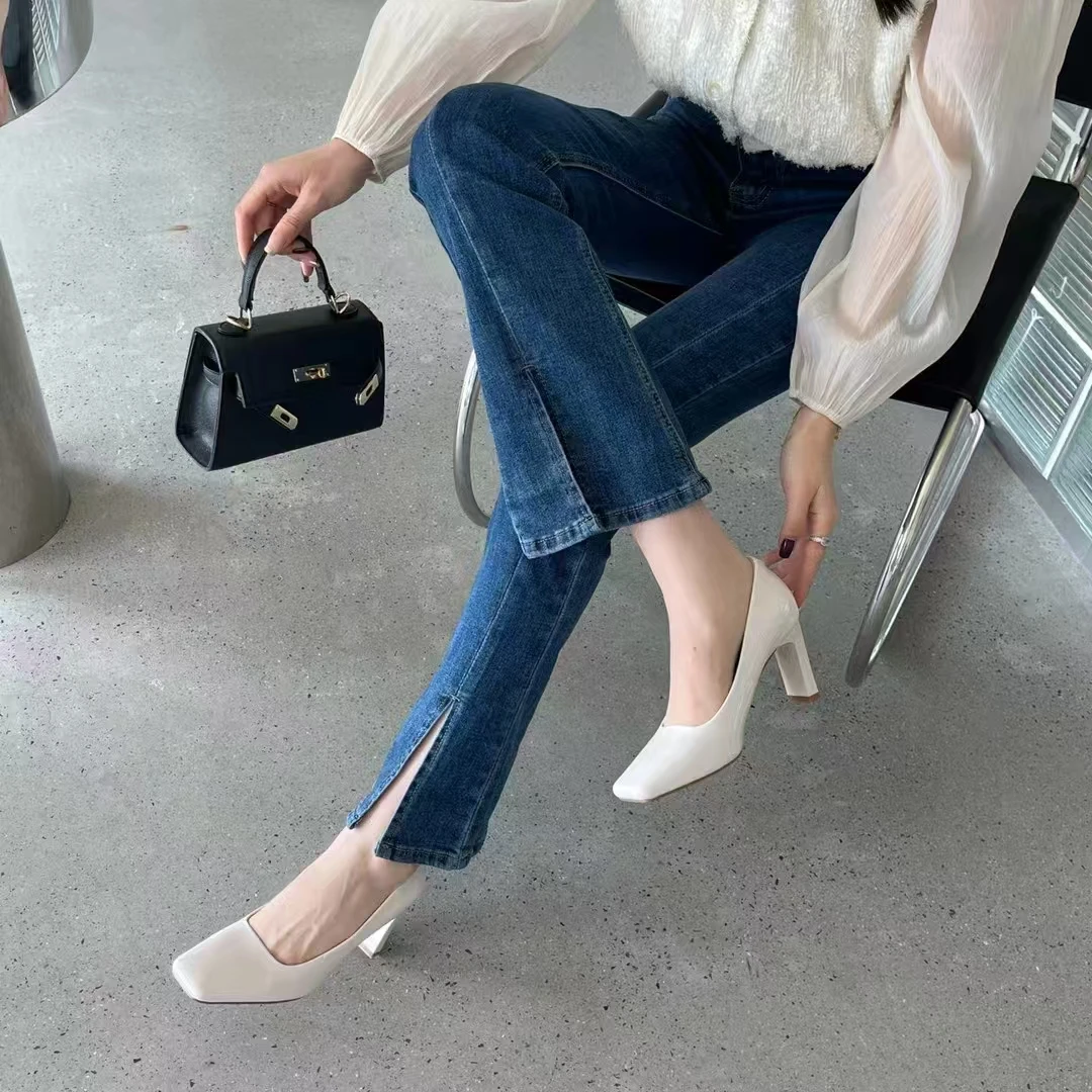 专柜正品女春秋新款方头浅口粗跟单鞋气质名媛百搭小香风鞋161113