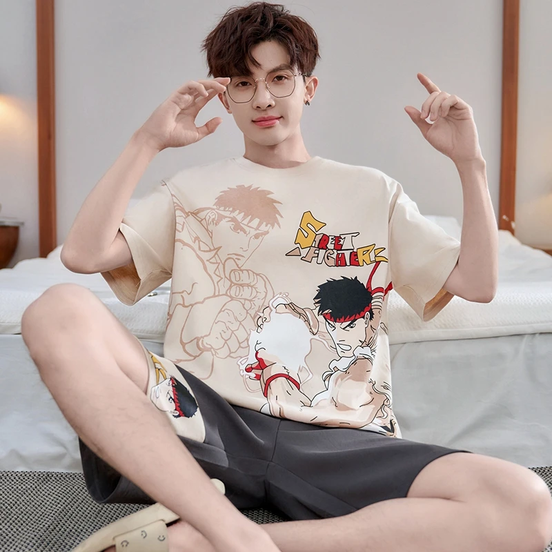 YUZHAOLIN/俞兆林夏季大码男士休闲夏天薄款睡衣青少年纯棉两件套