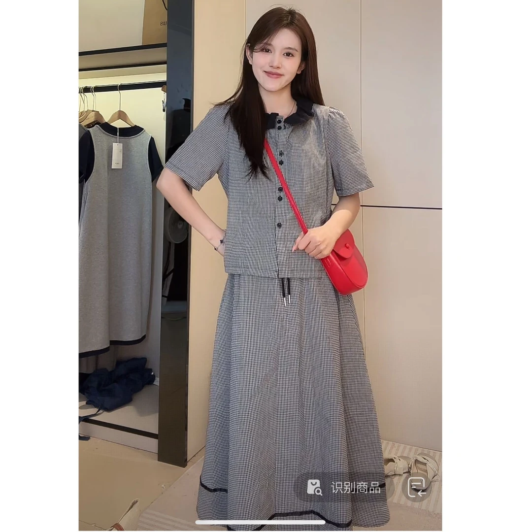 YNVO时尚~2025新款孕妇夏季韩版甜美格子上衣+抽绳半裙套装
