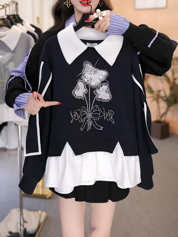 重工烫钻蝴蝶印花翻领卫衣女秋冬新款假两件加绒加厚保暖上衣1714