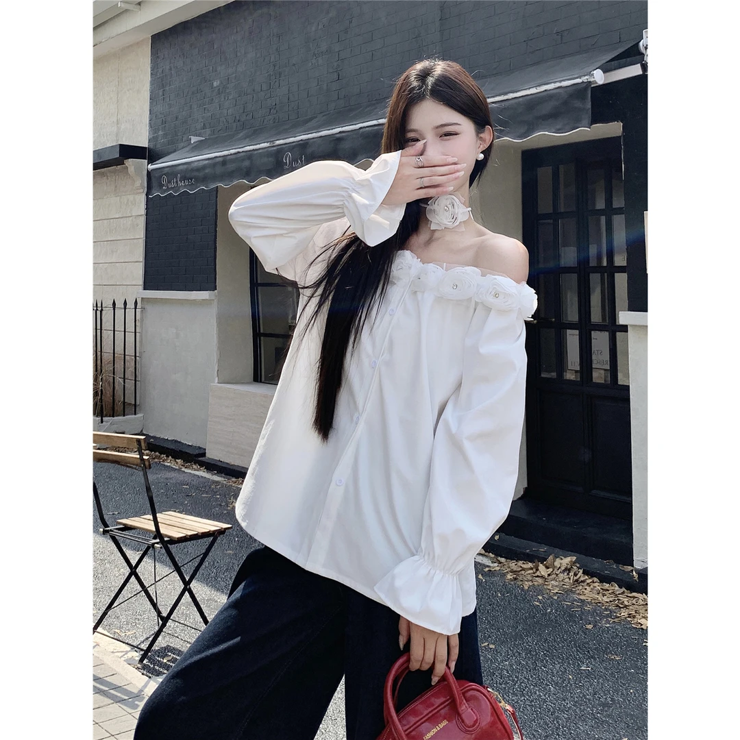 法式立体花朵一字肩衬衫女秋装新款气质绝美宽松显瘦上衣