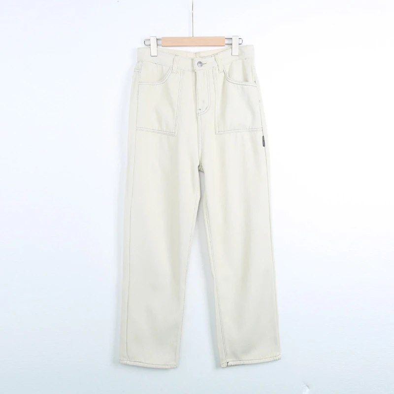 K0042米白色牛仔裤女宽松直筒秋冬大码遮胯显瘦简约加绒牛仔裤