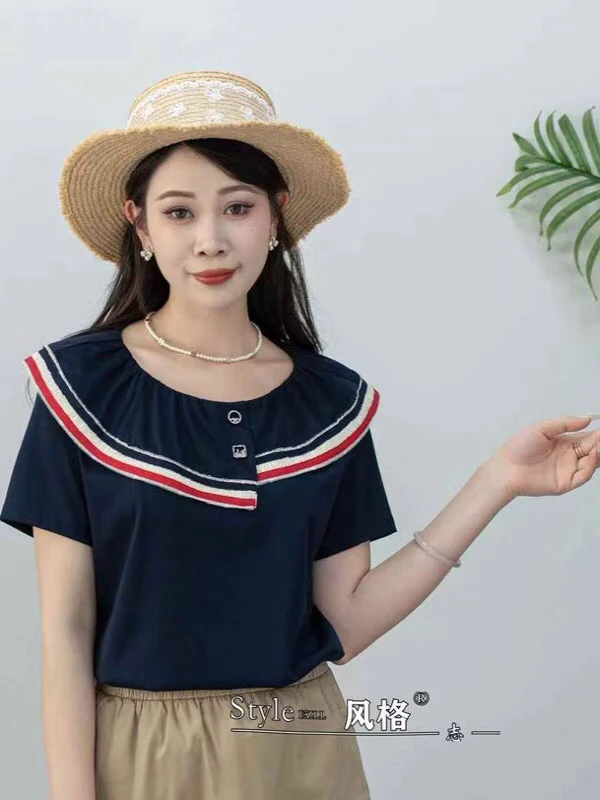 短袖t恤女欧洲站夏季2025新款设计感娃娃领荷叶边丝光棉半袖上衣