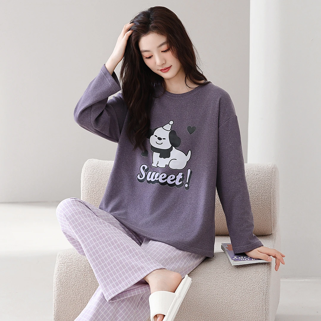 女士德绒简约长袖圆领套头可外穿外出家居服休闲套装德绒睡衣女款