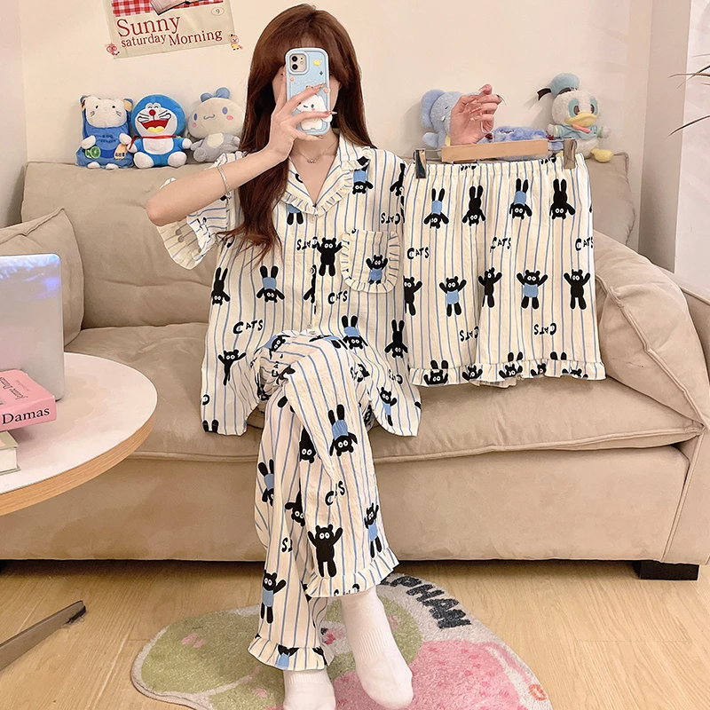 睡衣家居服大学生睡衣薄款透气少女带胸垫短袖卡通家居服三件套