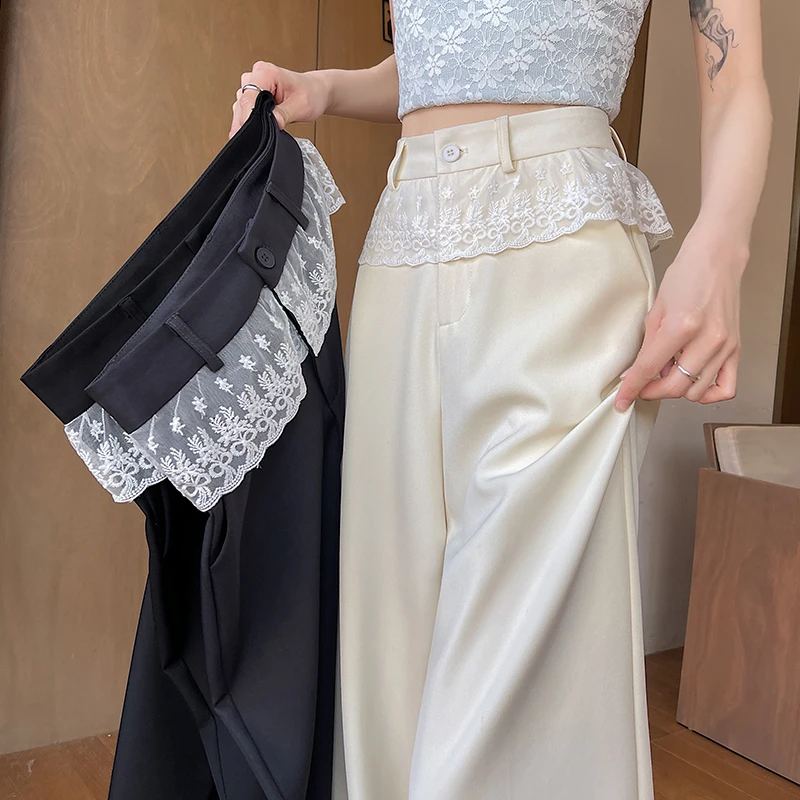 气质蕾丝花边窄版阔腿裤女春夏高腰显瘦休闲西裤直筒垂感拖地裤子