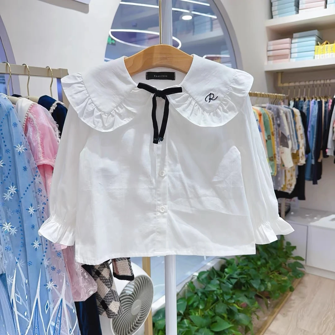 E62 韩国RJ女童24年秋款学院风条纹针织开衫白色百搭衬衫100-155