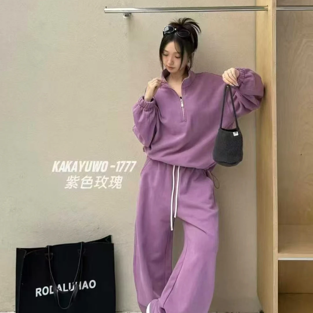 过年新款加绒简约慵懒风翻领半拉链卫衣休闲裤套装