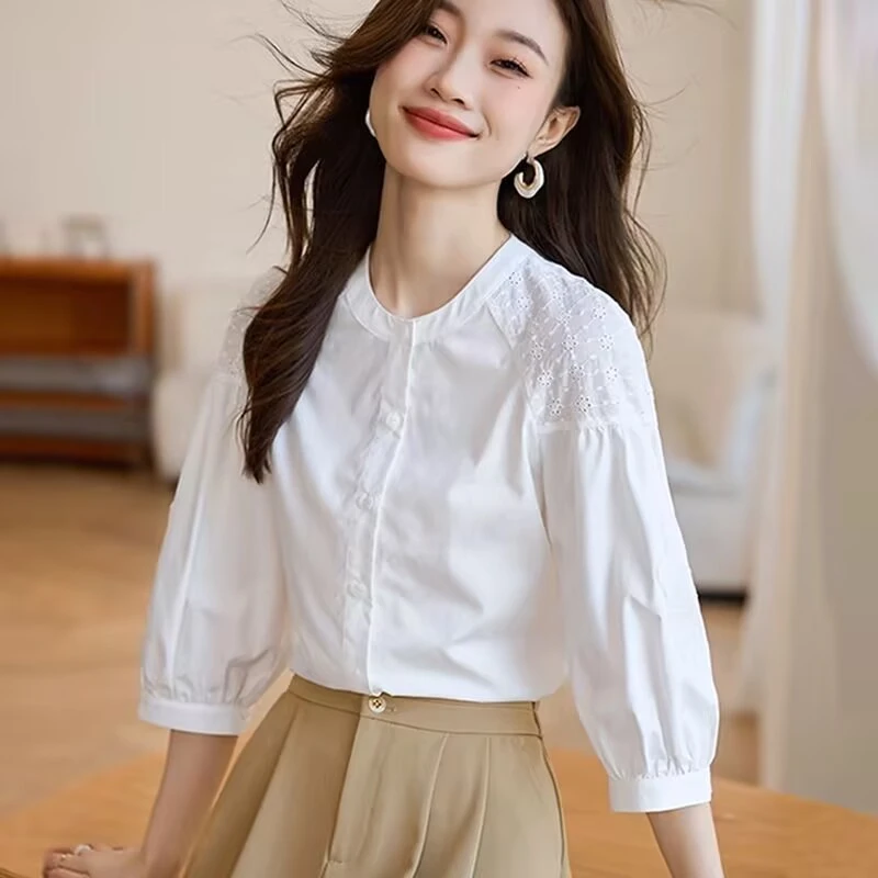 设计感复古刺绣五分袖短袖百搭白色宽松衬衫七分袖夏季宽松型衬衣