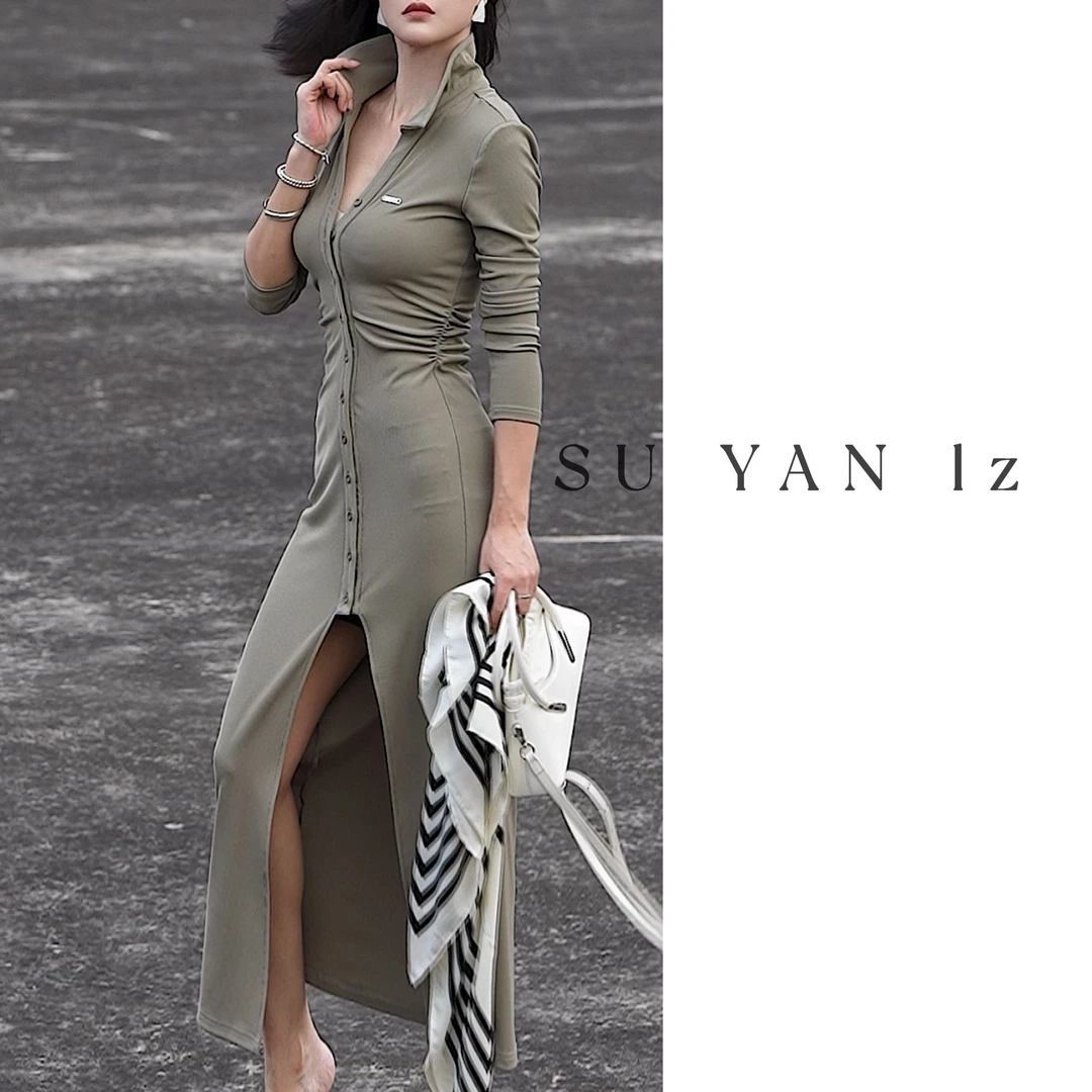 SU YAN 2025春季新款原创修身显瘦束腰收腹长袖长裙连衣裙 3213