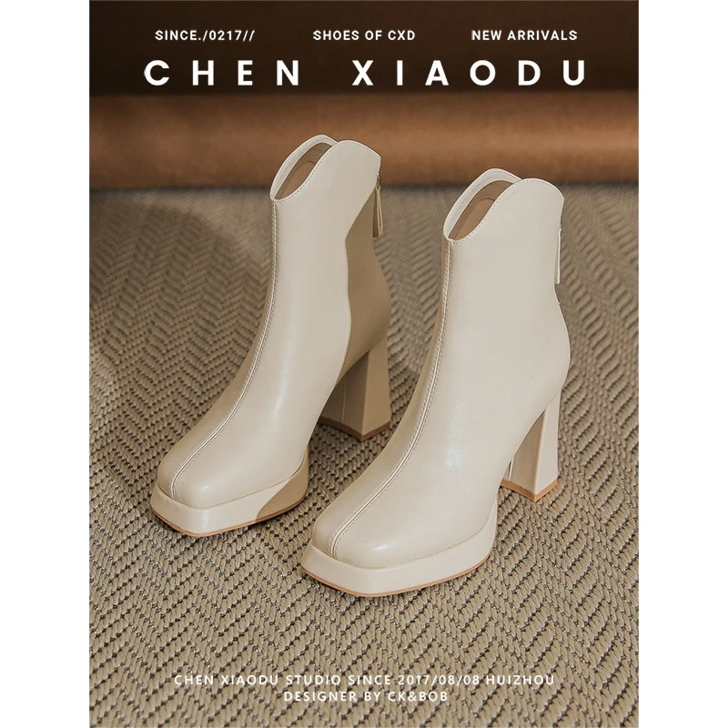 白色加绒马丁靴小短靴粗跟高跟厚底防水台靴子秋冬真皮切尔西靴女