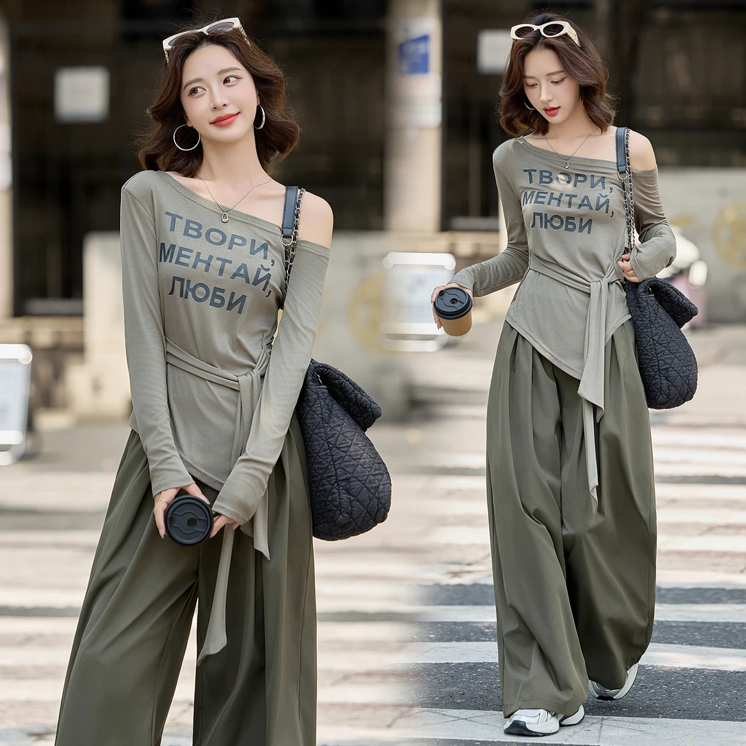 韩版露肩斜领绑带字母印花T恤2025秋季新款高腰宽松阔腿裤两件套