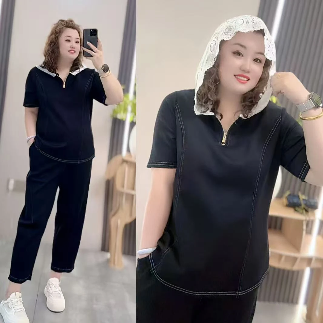 20449（丹姐家）秋款两件套撞色连帽T恤衫+松紧腰休闲裤明线显瘦