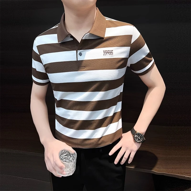 条纹POLO衫男士短袖夏季冰丝2025新款商务高级感刺绣翻领爆款T恤
