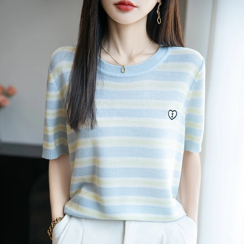 哥弟阿玛施正品夏季条纹短袖针织衫薄款显瘦宽松圆领条纹T恤上衣