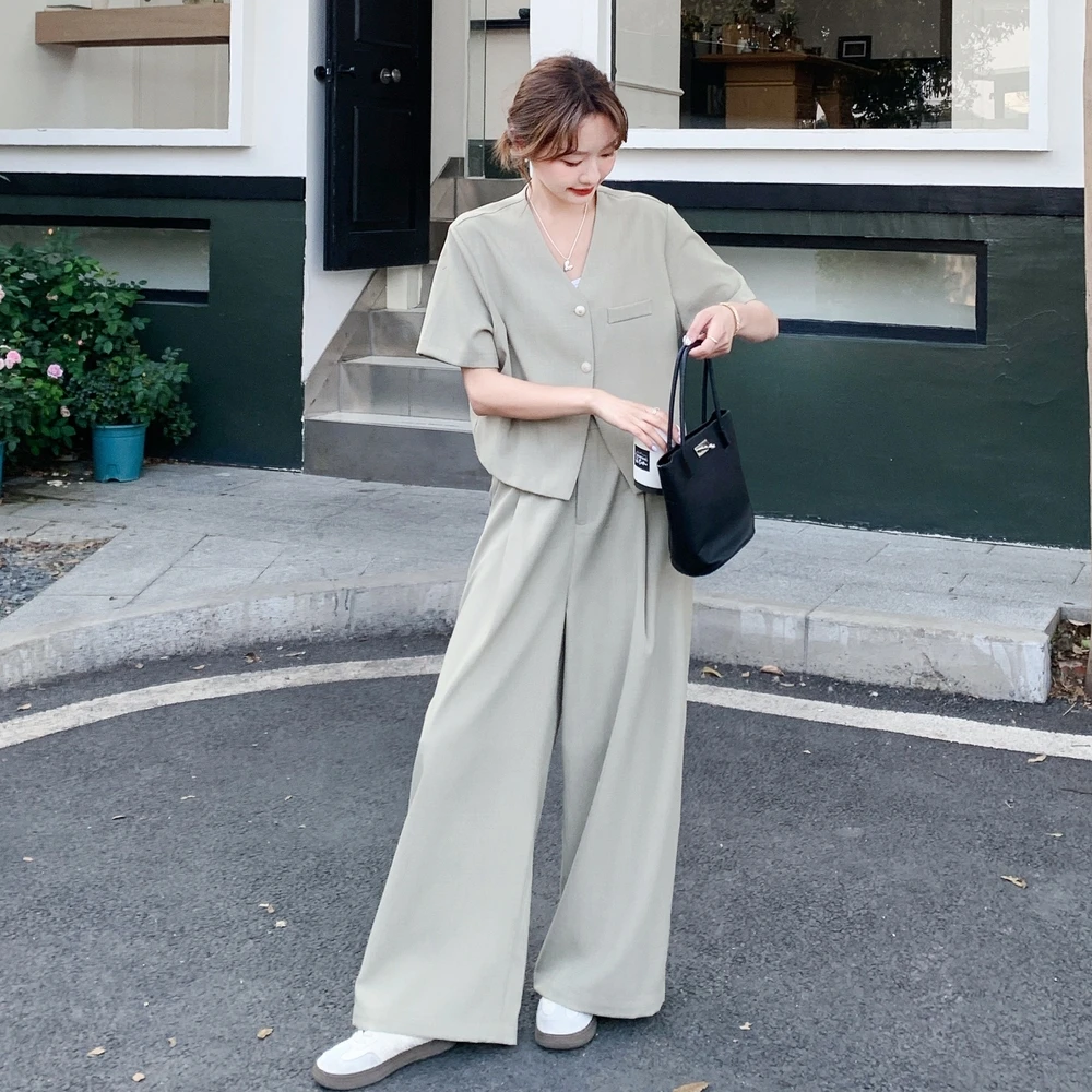 冷淡风盐系短袖西装套装女夏御姐小个子气质通勤休闲阔腿裤两件套