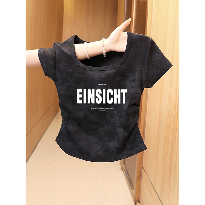 夏季新款正肩扎染短袖T恤女方领侧边褶皱收腰显瘦不规则短款上衣