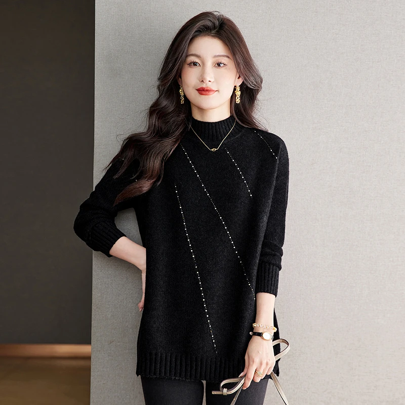 高级感遮肚子黑色打底衫女宽松半高领加厚内搭针织衫气质百搭上衣