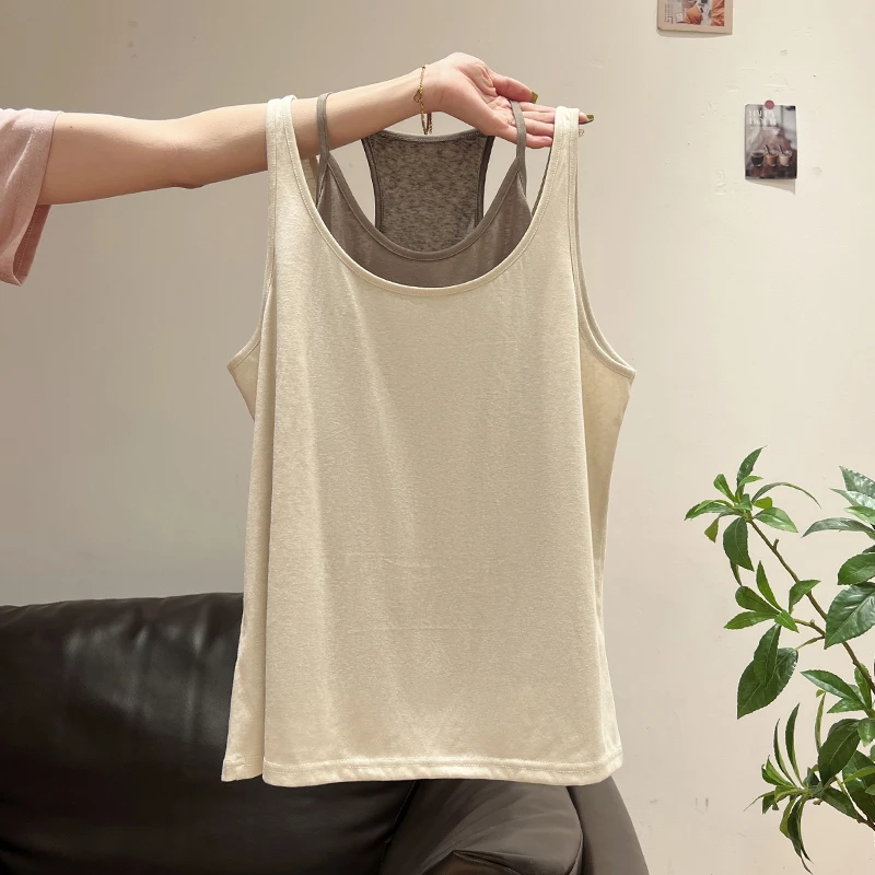 纯欲杏色吊带小背心两件套夏新款甜辣妹外穿休闲修身显瘦无袖上衣