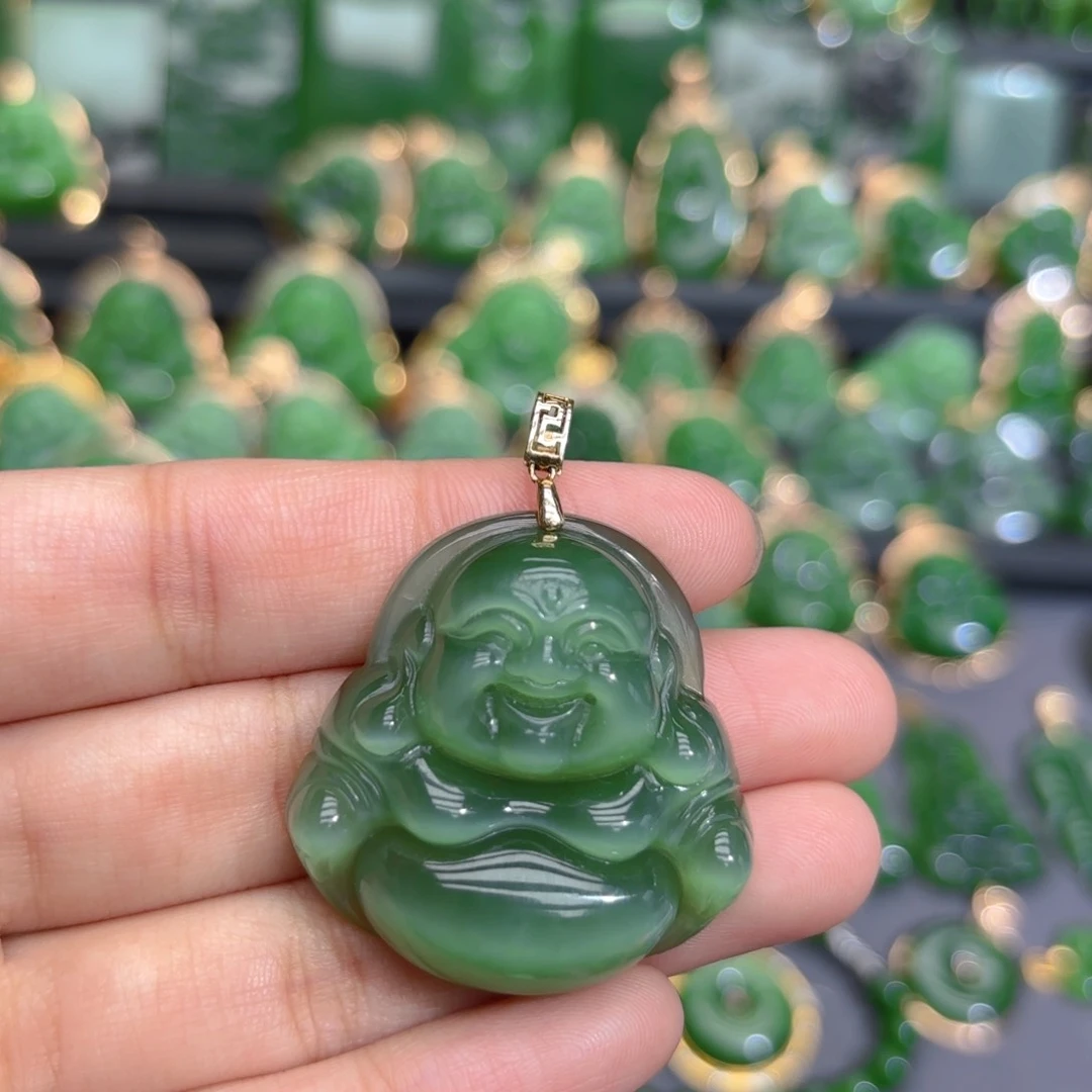 颈饰18K金镶嵌和田玉（碧玉）靠*己一线天粉青冰猫35m