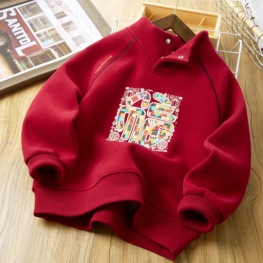 儿童加绒卫衣蛇年新款男童冬季红色女童半高领保暖红色拜年服6186