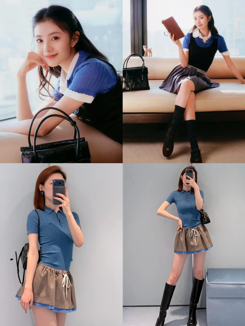 刘浩存同款 克莱恩蓝针织短袖字母翻领弹力坑条套头POLO衫